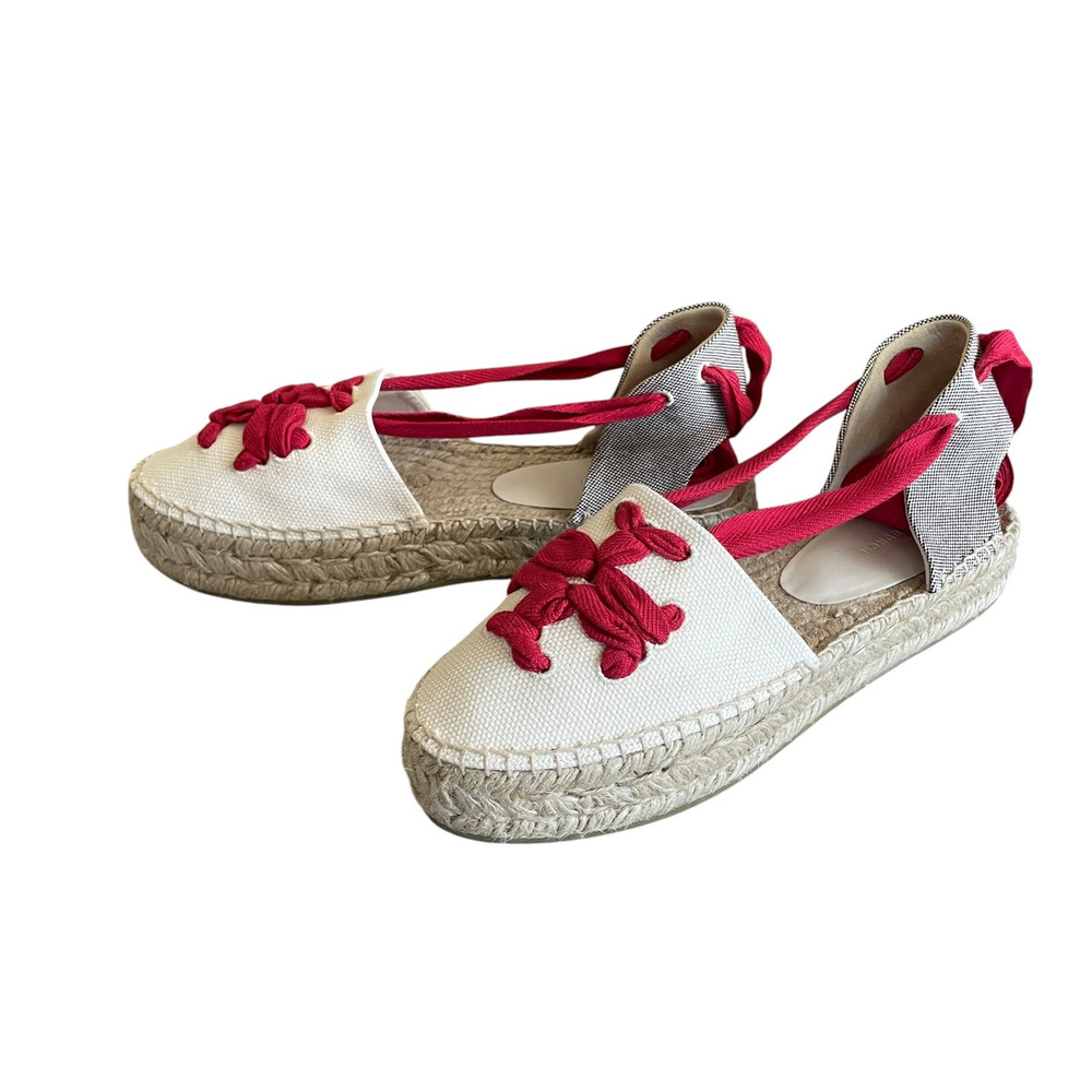 TORY BURCH Size 10 Woven Double T Espadrille Red Wrap-Around Tie Platform Flats - Picture 6 of 13
